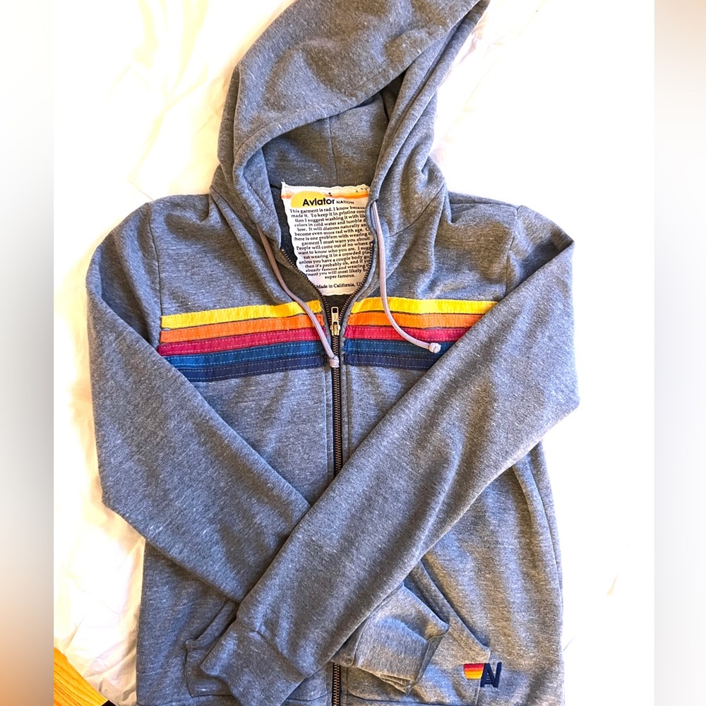 Aviator Nation Heather Gray Zip-Up with Colorful Stripes